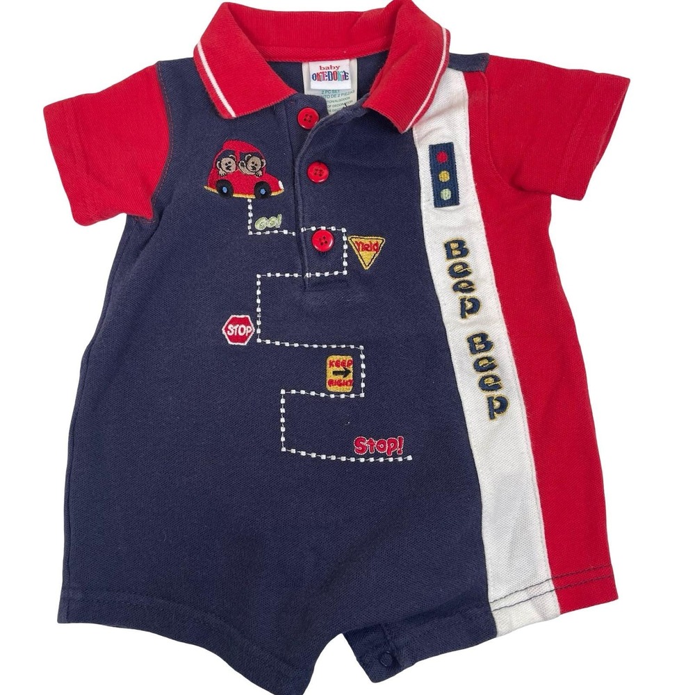 Vintage Baby Okie Dokie Romper Beep Beep Car Boy 6-9M Blue Red Embroidered